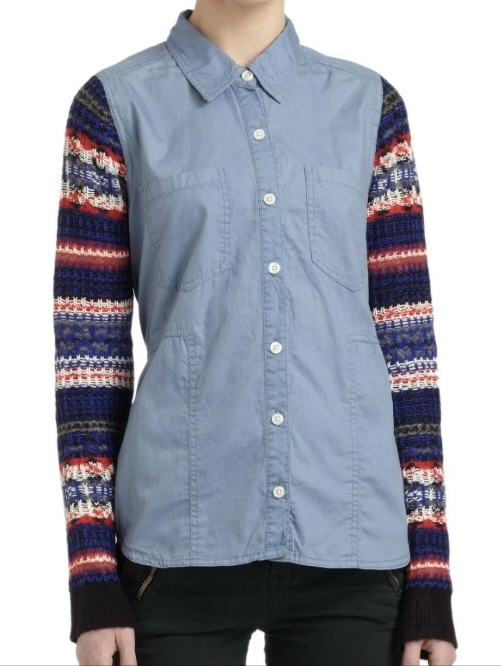 We The Free People Denim Button-Front Shirt Fair Isle Knit Sleeves Size S